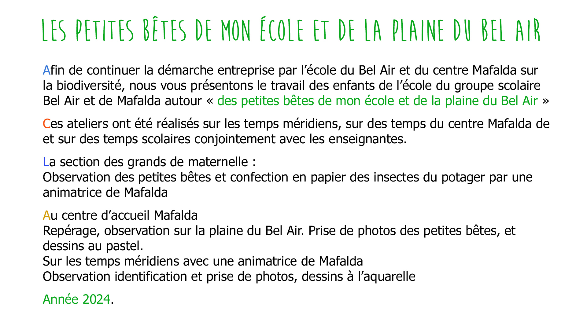 Les petites bêtes de mon école et de la plaine du Bel Air. Présentation du travail des enfants sur la biodiversité, observations des petites bêtes, et activités de dessins et photos. Année 2024.